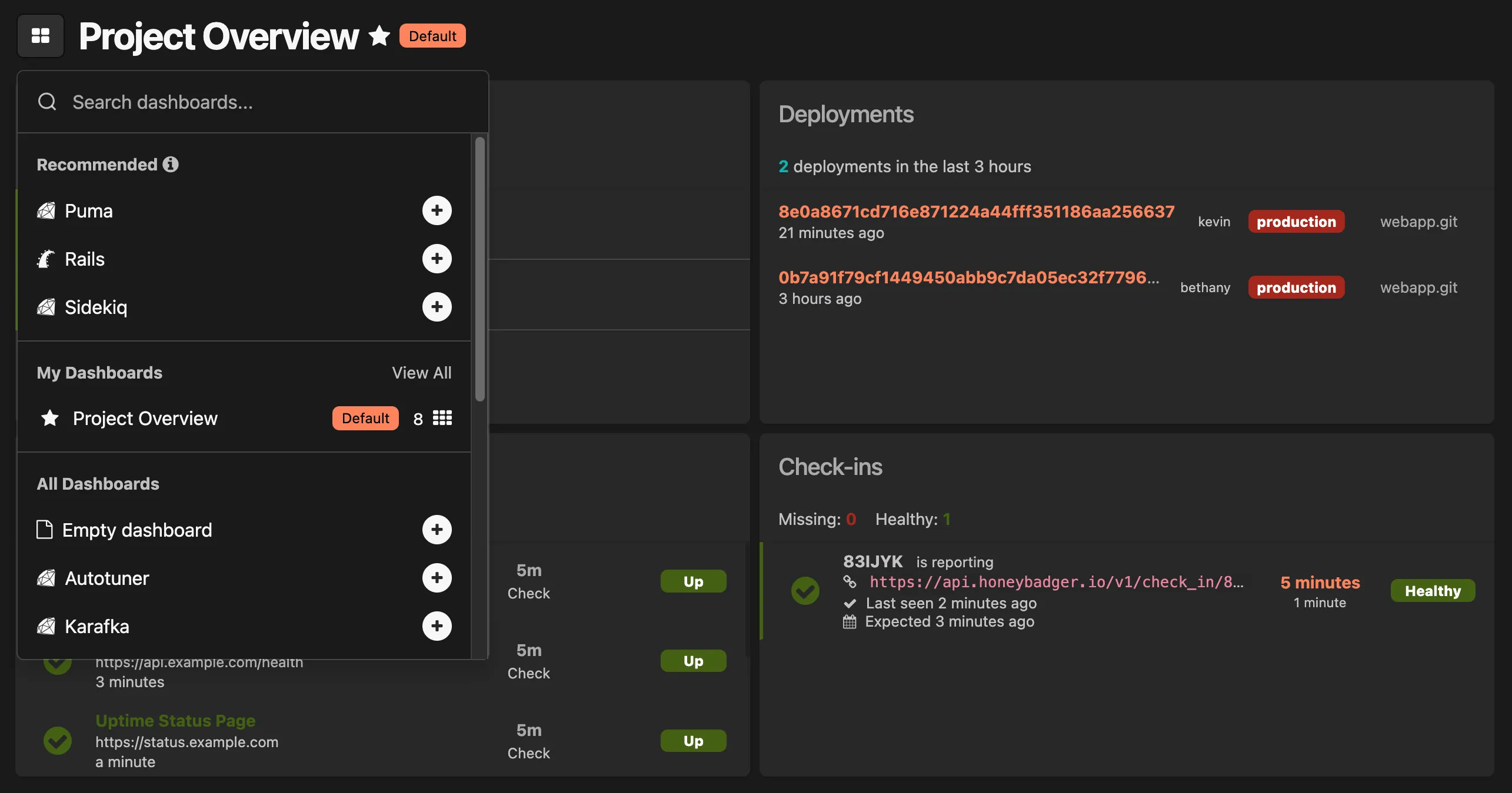 Dashboard selection interface showing a grid of automatically generated dashboards for different frameworks and services, with options to favorite, organize, and quickly switch between monitoring views