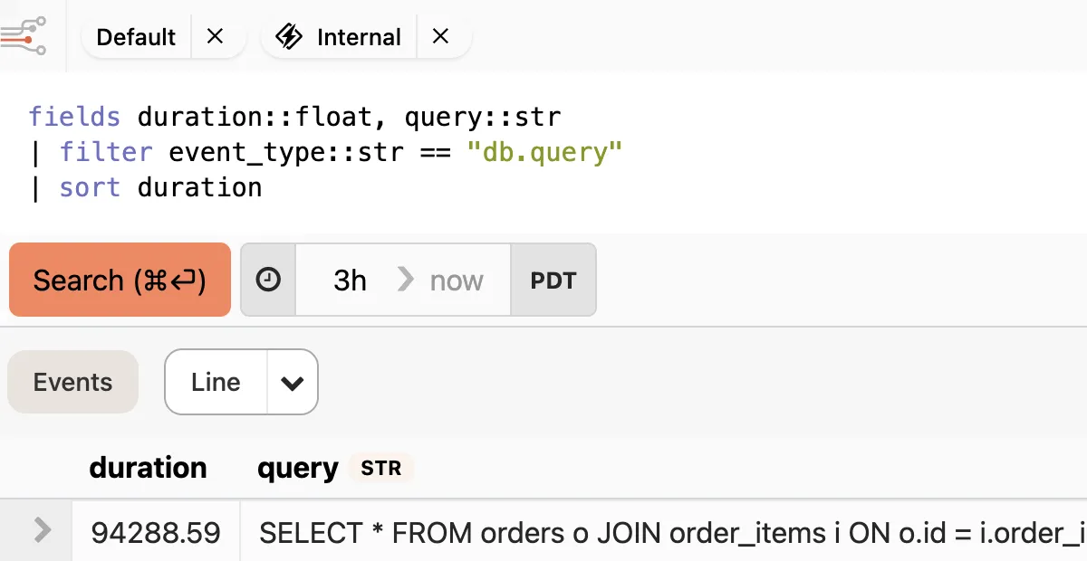 A Ruby logging query interface from an application monitoring tool showing filtered results for "db.query" events sorted by duration, with a 3-hour time range and a table displaying query execution times and SQL statements.