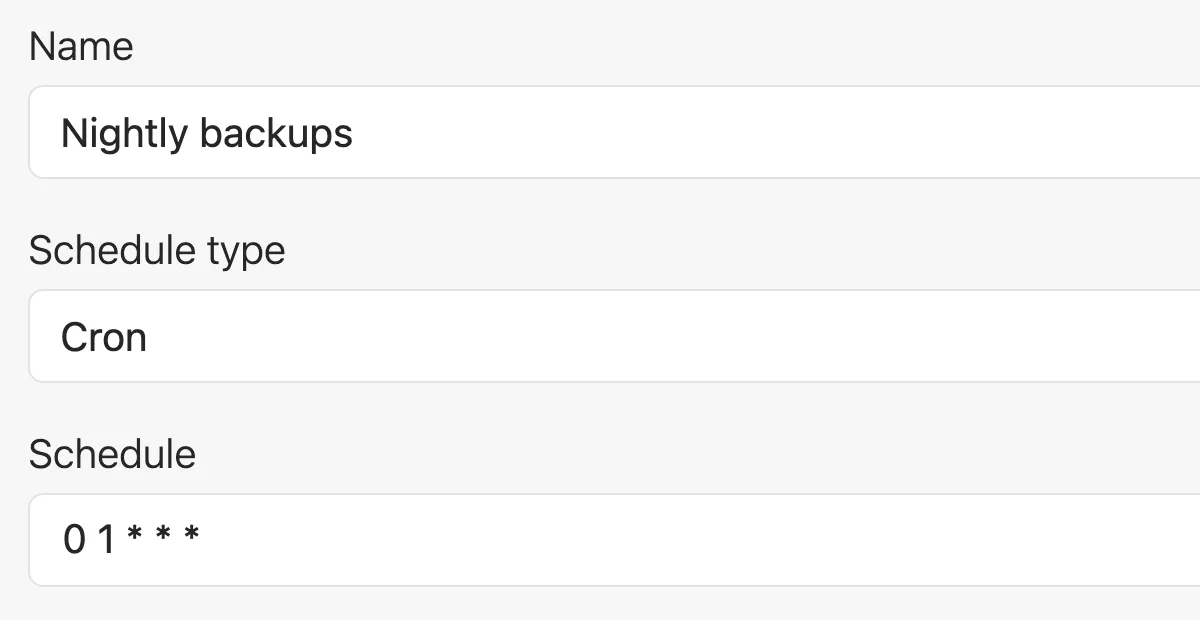 A screenshot of a form that lets you create a check-in in Honeybadger's Ruby cron monitoring UI. Three fields are visible: Name (Nightly backups), Schedule type (Cron), and Schedule (a daily cron schedule).