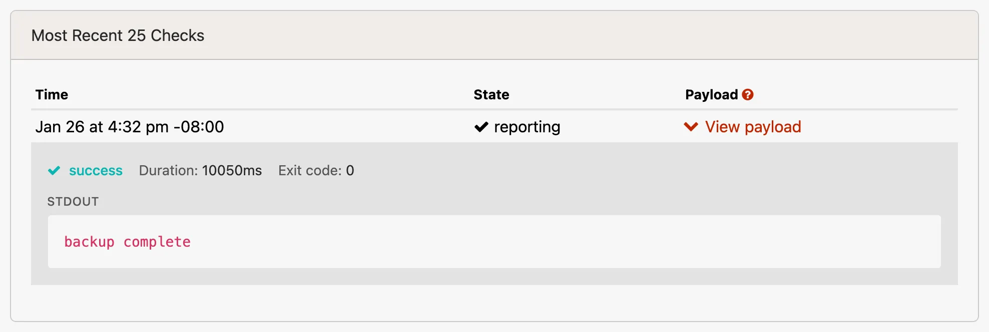 Check-in detail view showing exit code, duration, and captured output