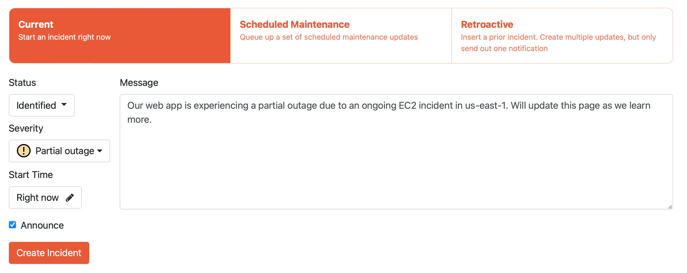 Status page showing incident updates