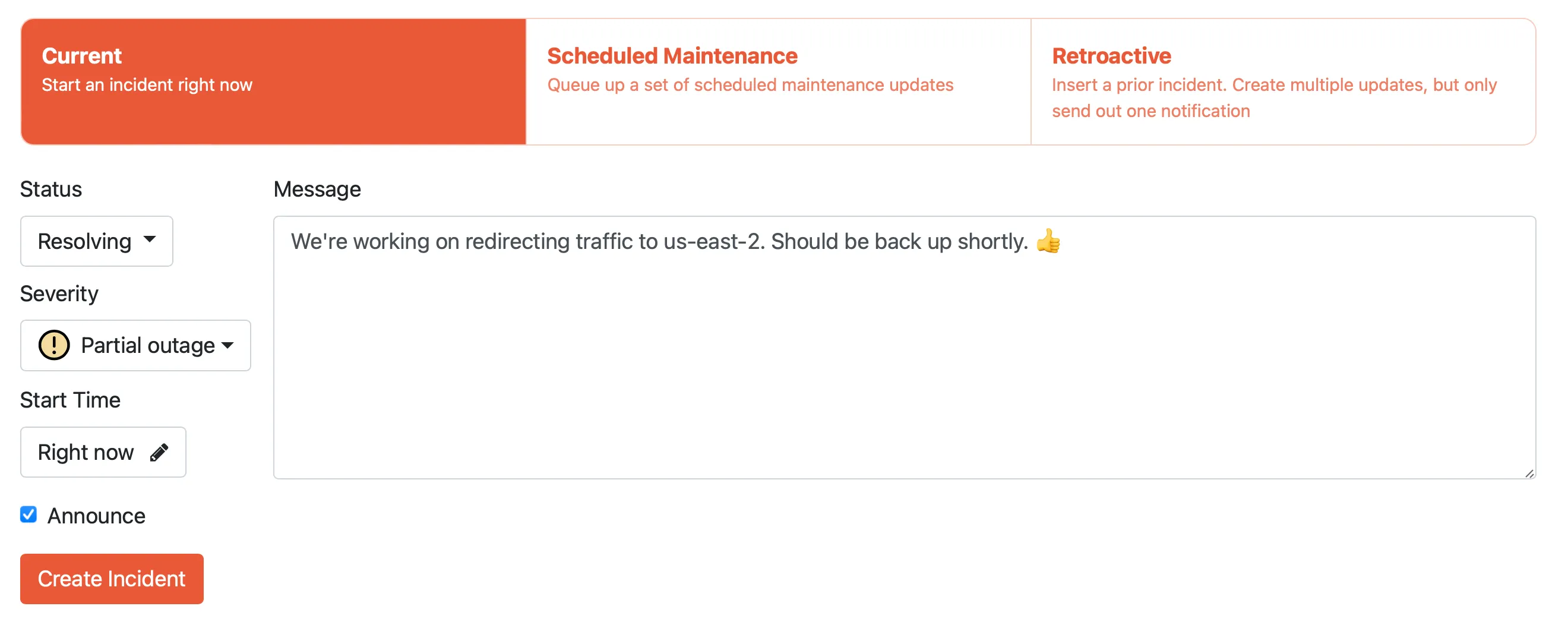 Status page showing incident updates