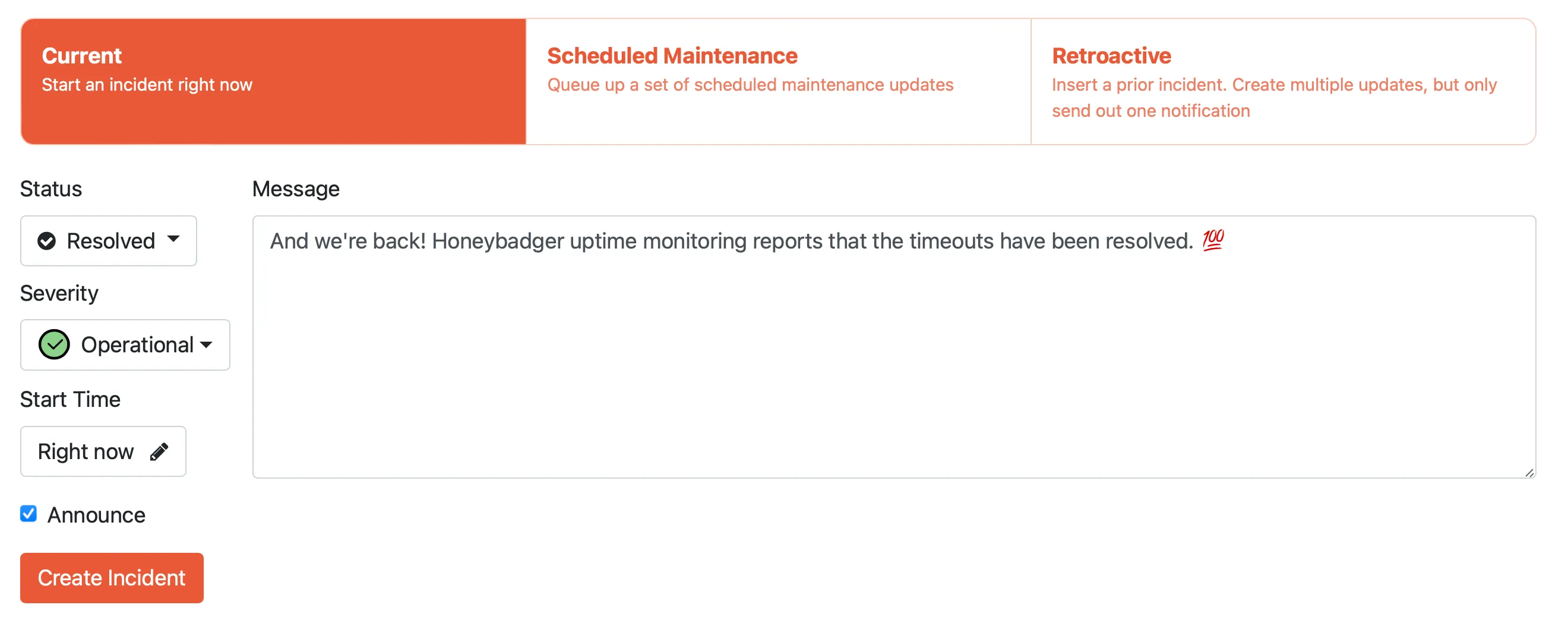 Status page showing incident updates