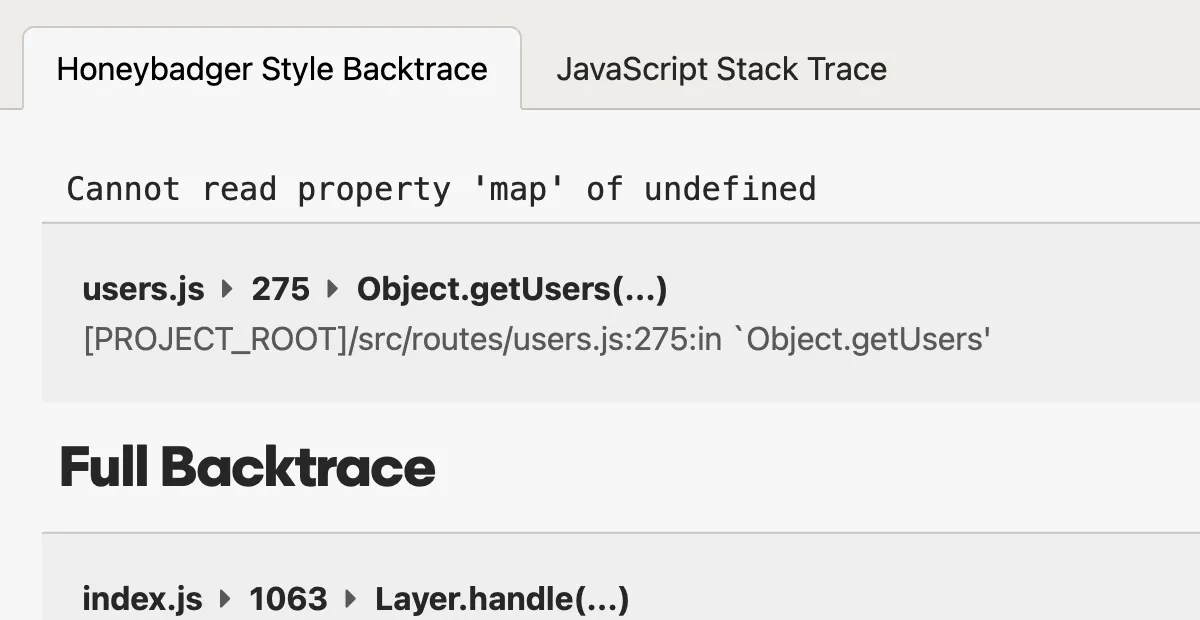 A screenshot of a error tracking stack trace in Honeybadger's error tracking interface.