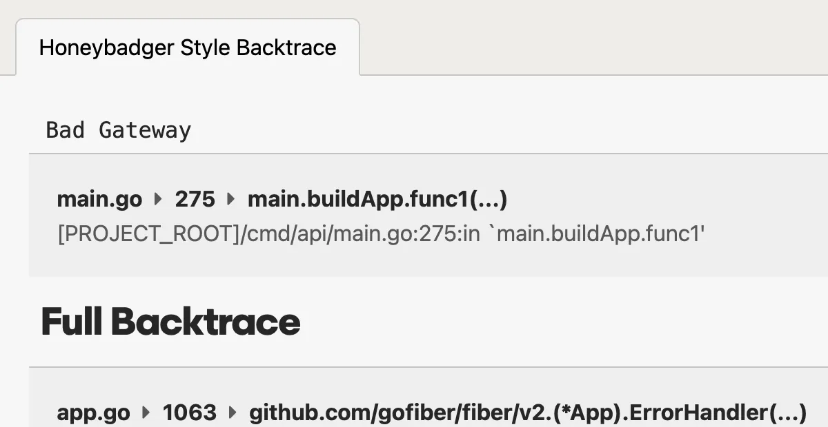 A screenshot of a Go error tracking stack trace in Honeybadger's Go error tracking interface.