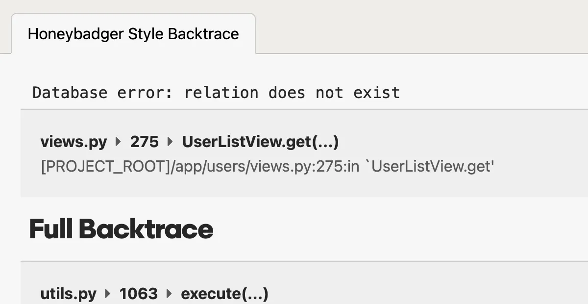 A screenshot of a Django error tracking stack trace in Honeybadger's Django error tracking interface.