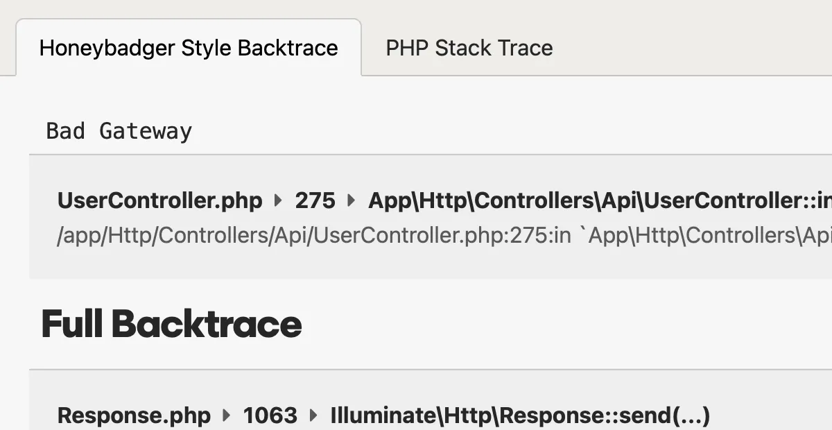 A screenshot of a PHP error tracking stack trace in Honeybadger's PHP error tracking interface.