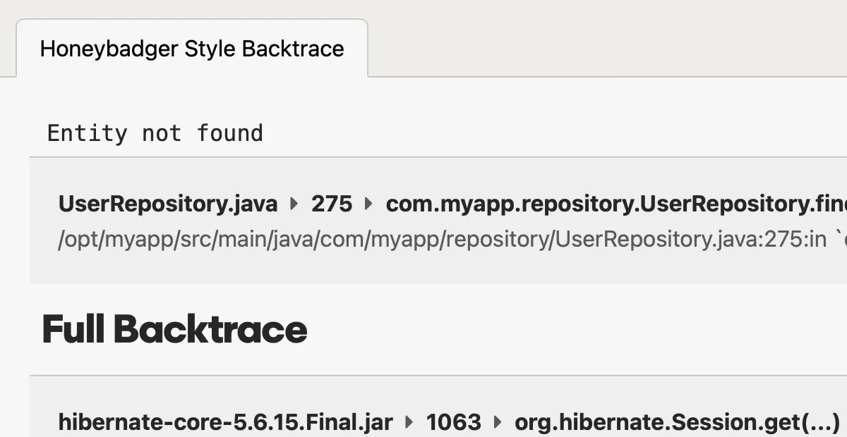 A screenshot of a Java error tracking stack trace in Honeybadger's Java error tracking interface.