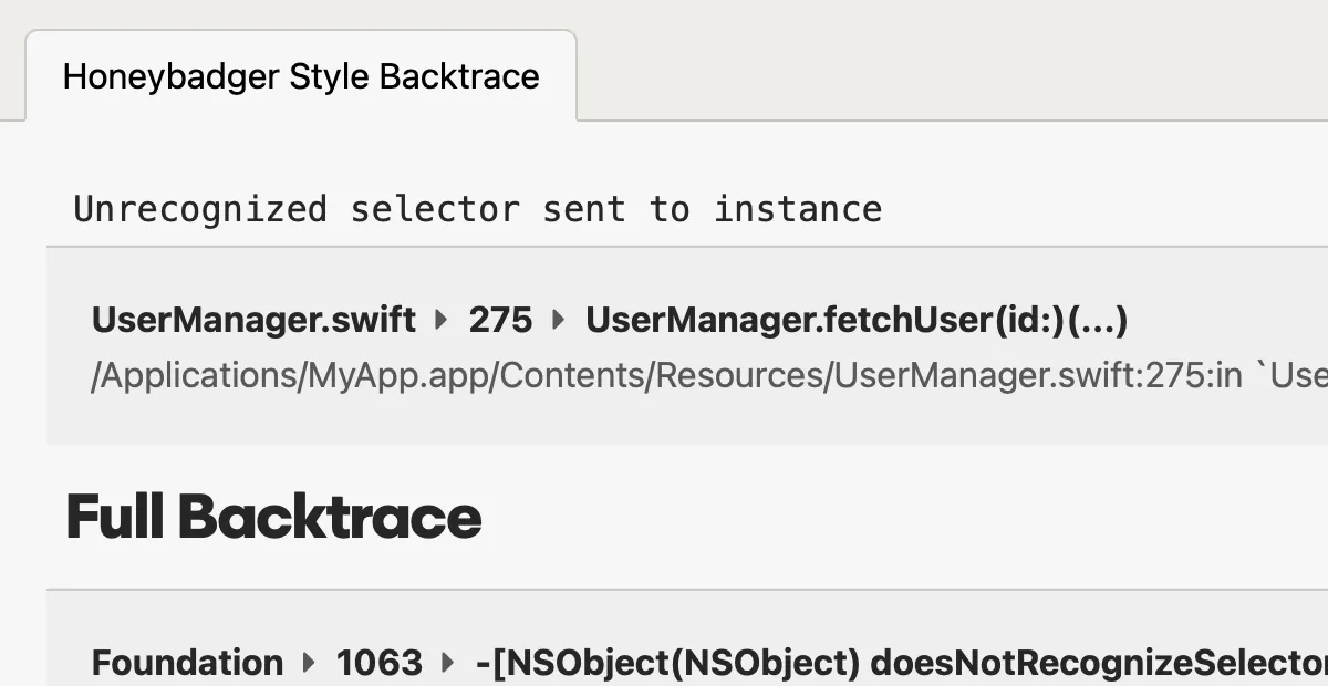 A screenshot of a Cocoa error tracking stack trace in Honeybadger's Cocoa error tracking interface.