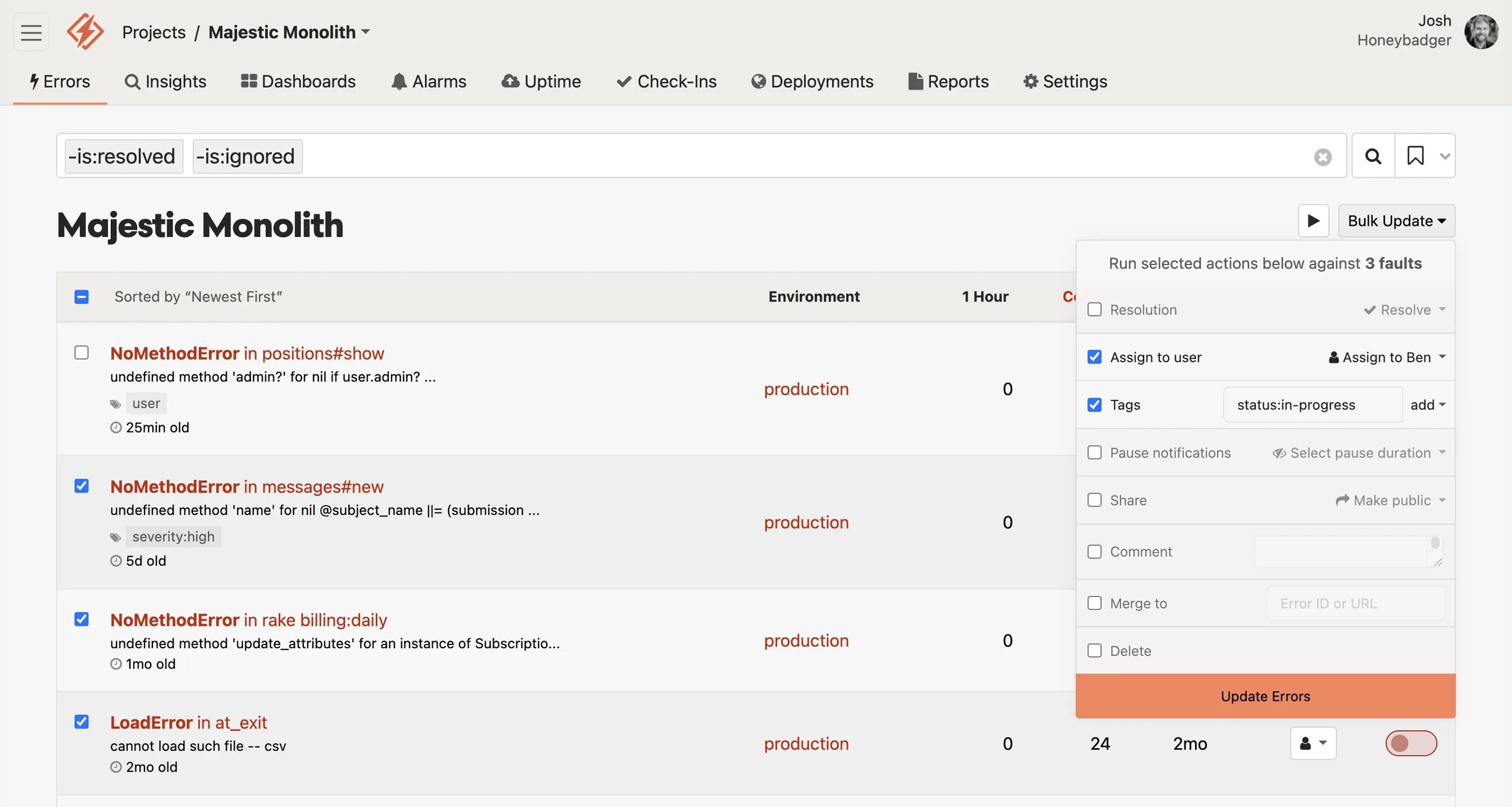 A web application dashboard for error monitoring titled 'Majestic Monolith'. The interface shows a list of errors with details like error type, location, environment, and age. Options to filter errors and perform bulk actions are visible. The top navigation includes tabs for Errors, Insights, Dashboards, and other project management features. A user profile for Joshua Wood is shown in the top right corner.