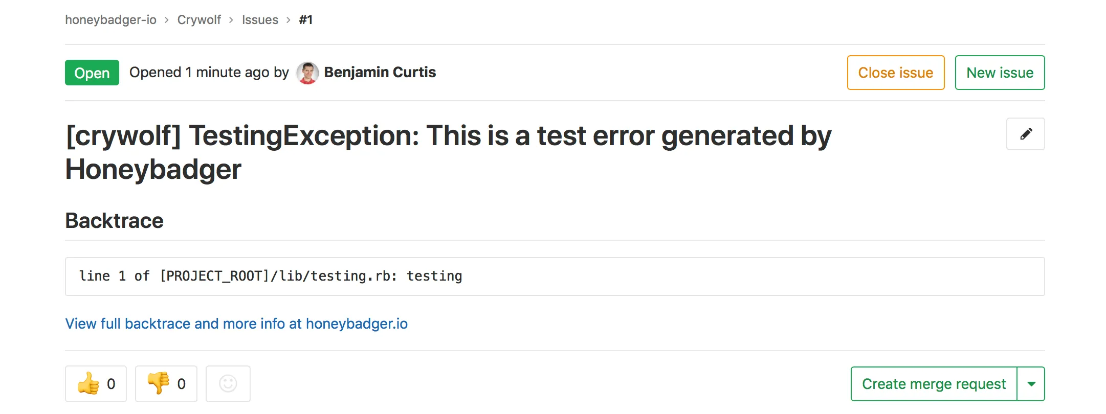 GitLab issue created by Honeybadger