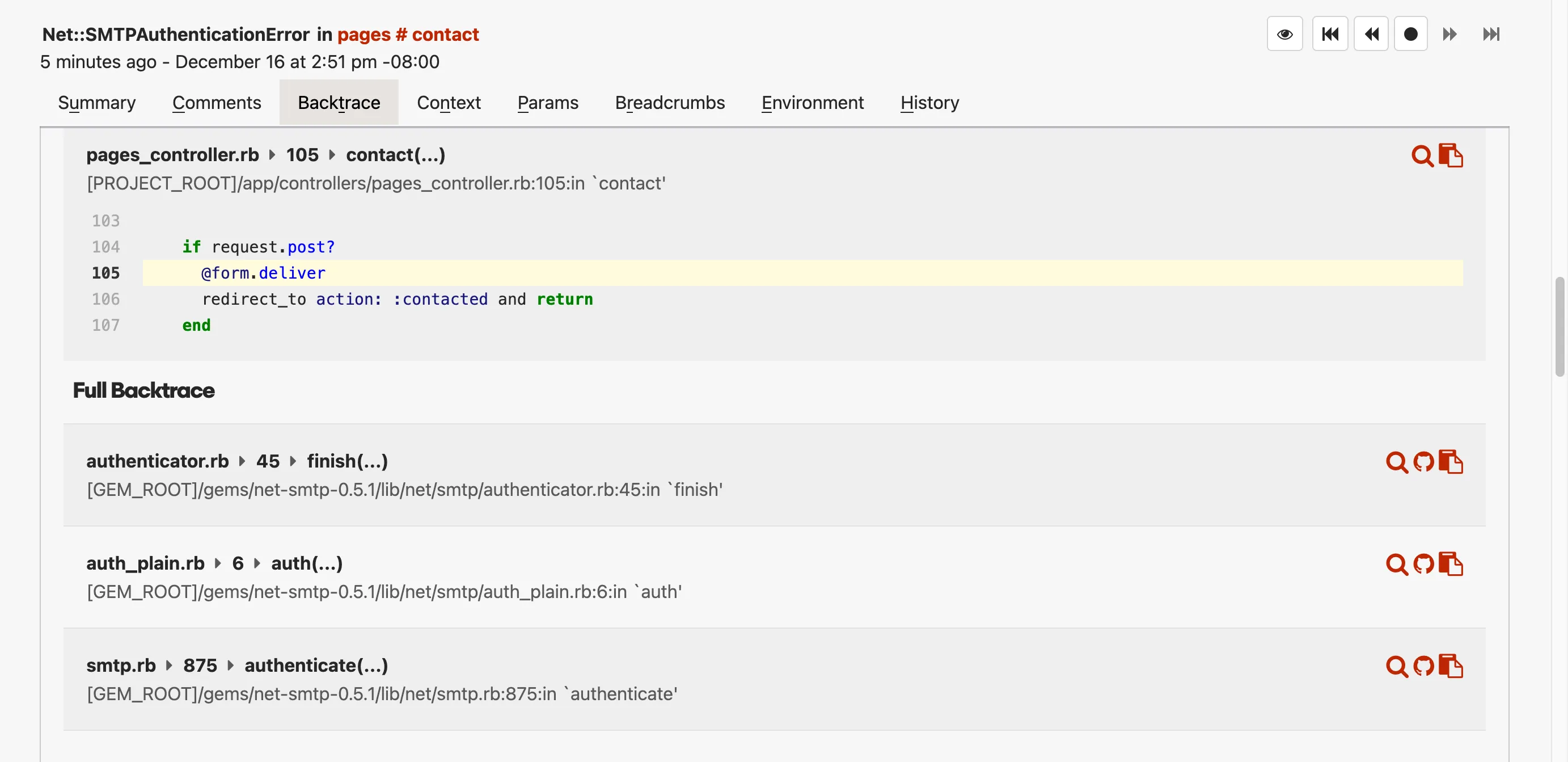 Error tracking interface showing Net::SMTPAuthenticationError in pages#contact method. Backtrace tab displays code from pages_controller.rb line 105 highlighting @form.deliver call, with full stack trace through net-smtp gem's authenticator, auth_plain, and smtp files.