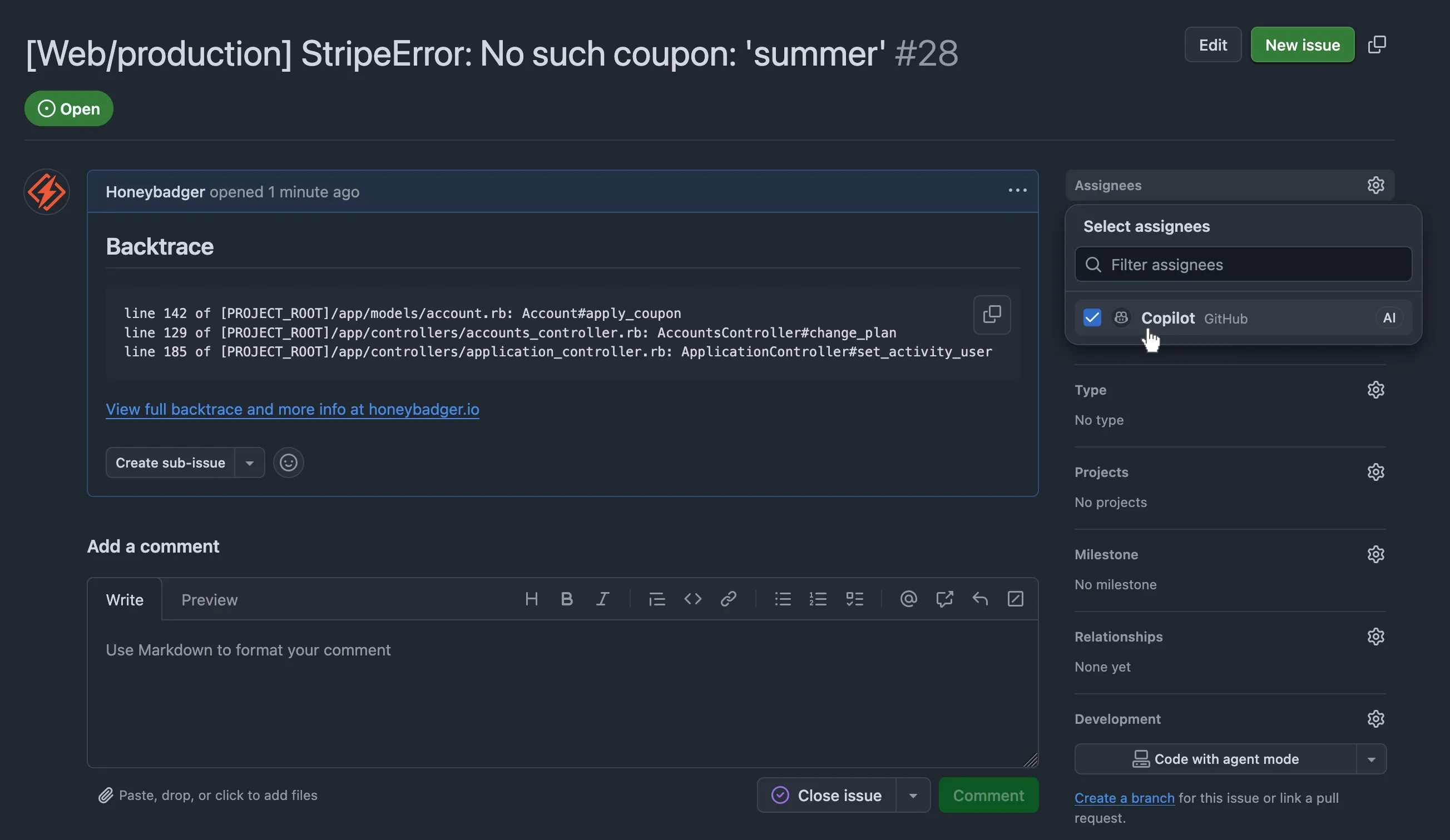 A GitHub issue created by Honeybadger with GitHub Copilot selected as the assignee