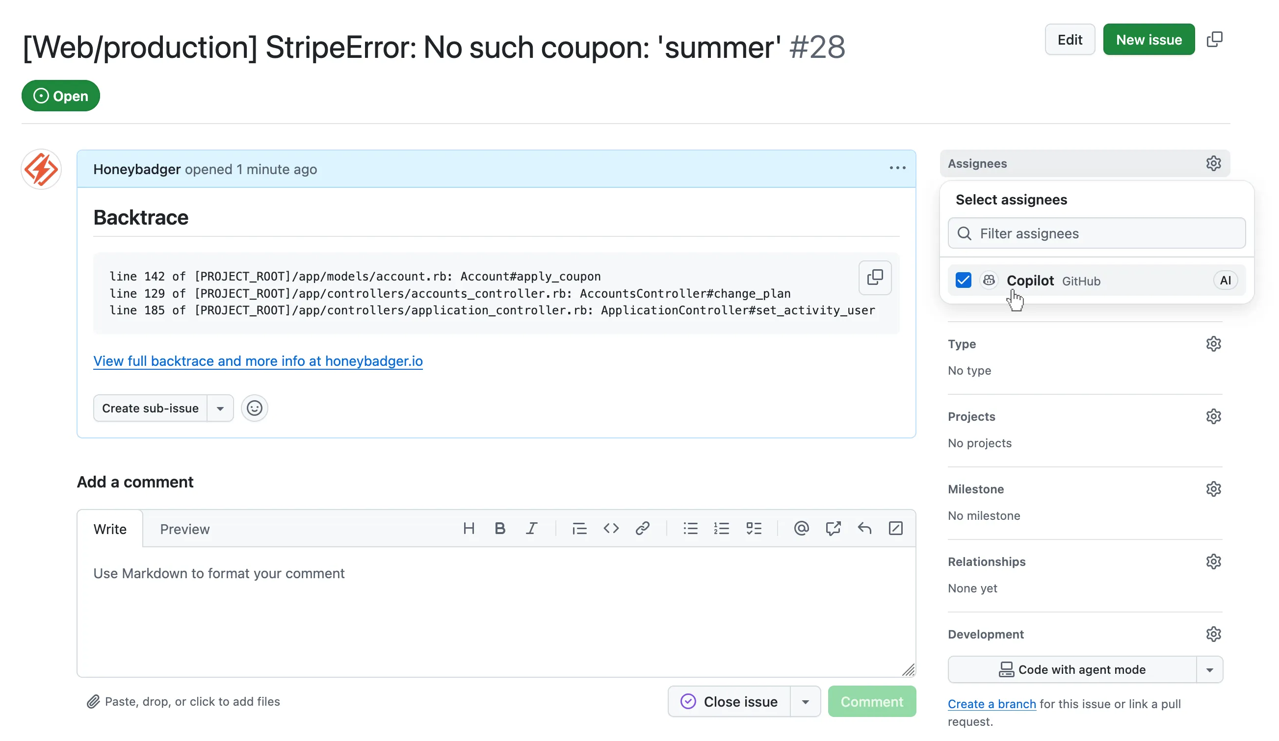 A GitHub issue created by Honeybadger with GitHub Copilot selected as the assignee