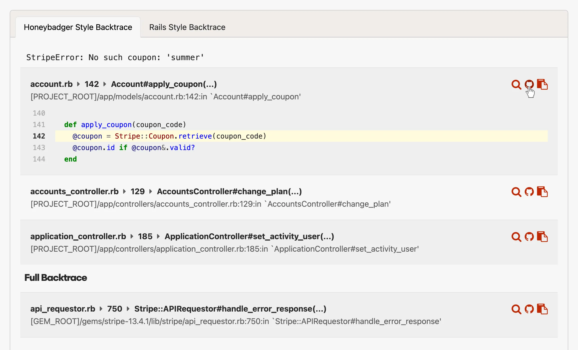 Honeybadger backtrace with links to GitHub source code
