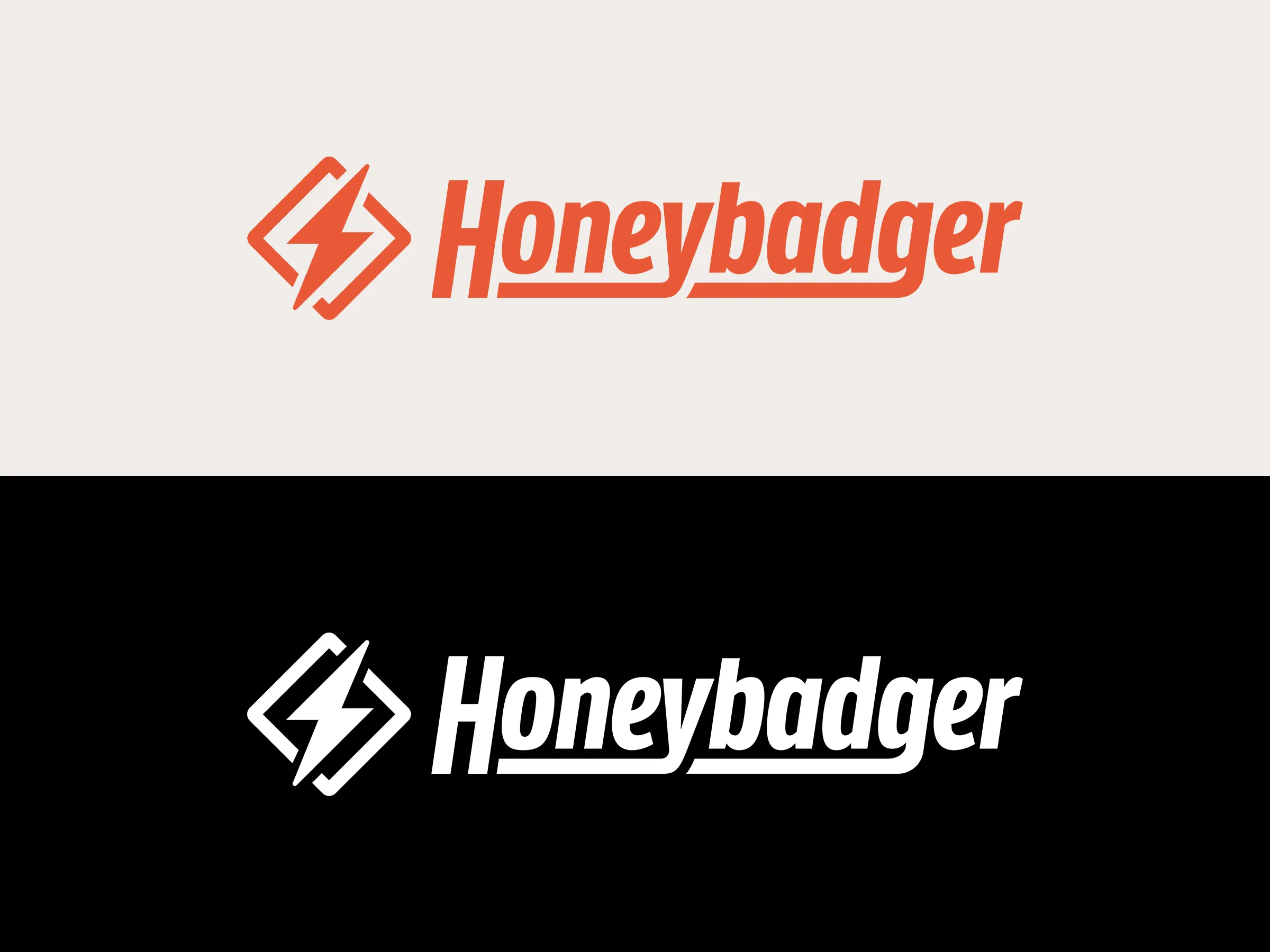 Honeybadger logo variations showing the company's branding in both orange-on-white and white-on-black color schemes, featuring the distinctive lightning bolt icon within angular brackets alongside the Honeybadger wordmark.