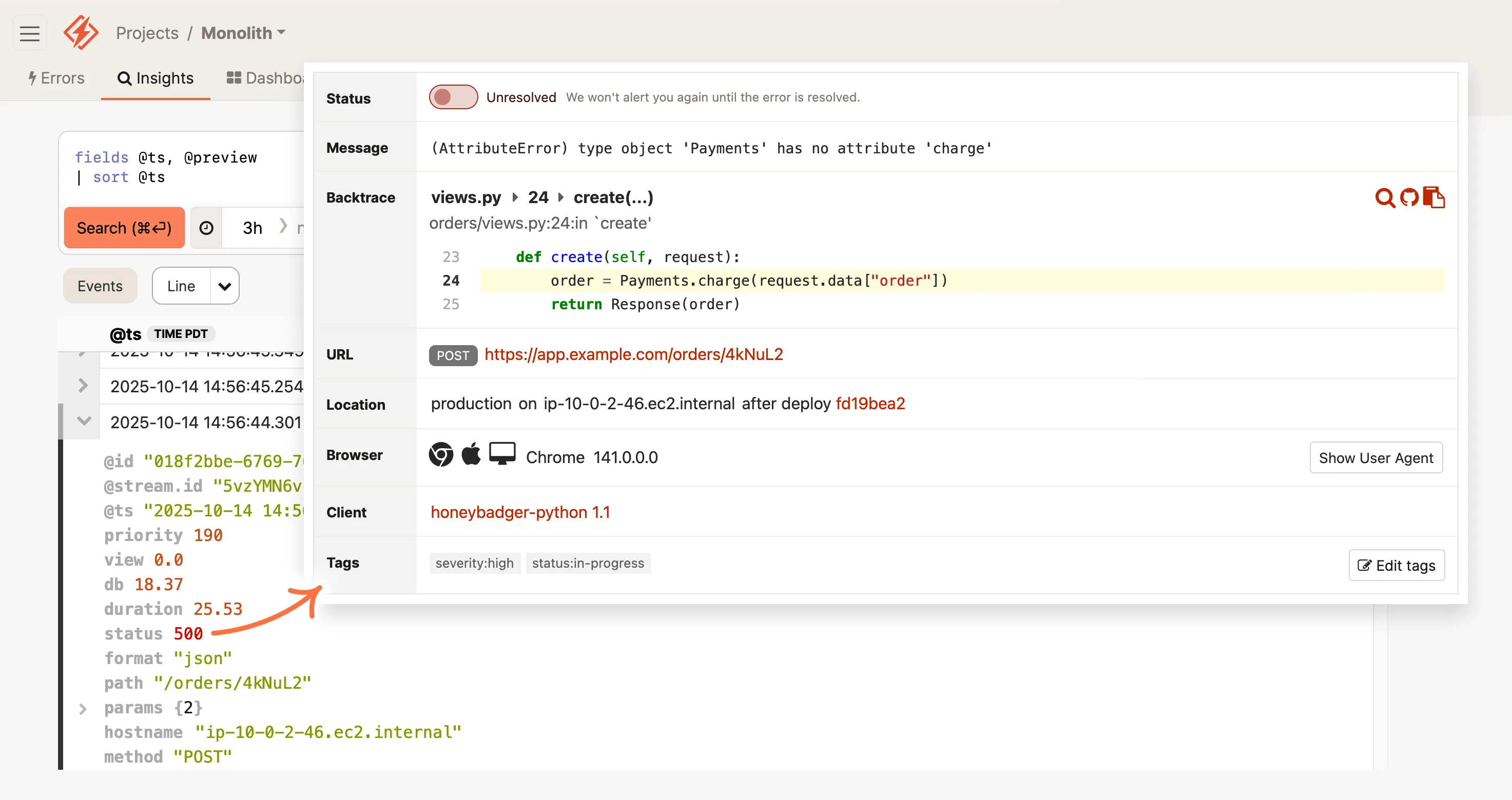 Screenshot of a Django error monitoring dashboard showing error details, code context, and application logs in Honeybadger.