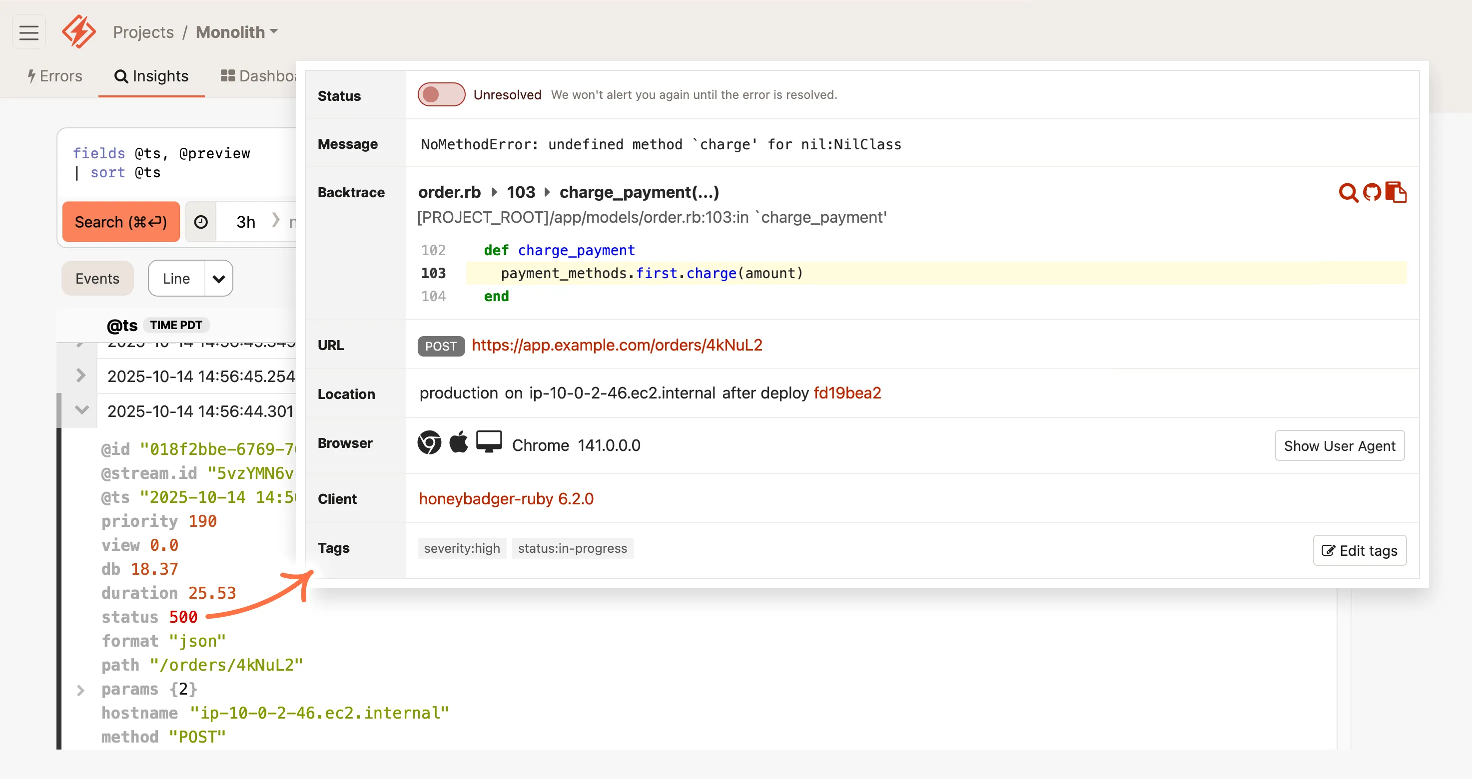 Screenshot of a Ruby error monitoring dashboard showing error details, code context, and application logs in Honeybadger.