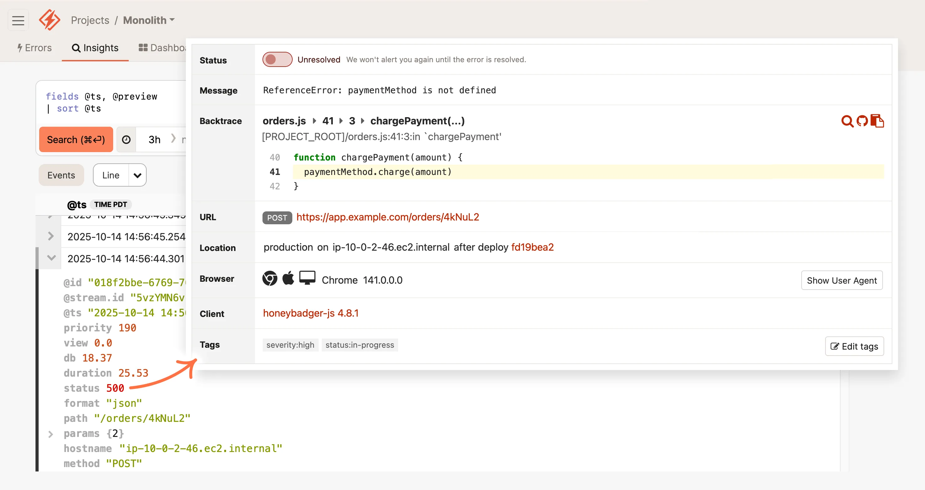 Screenshot of a JavaScript error monitoring dashboard showing error details, code context, and application logs in Honeybadger.
