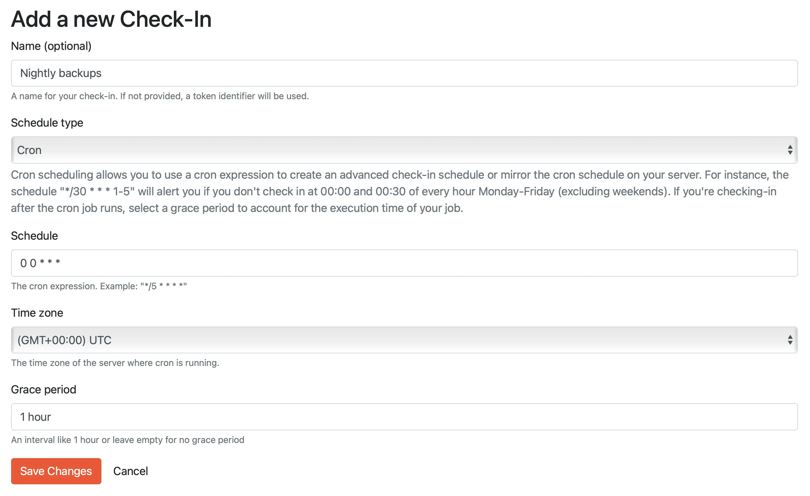 Add a new check-in form showing cron scheduling options