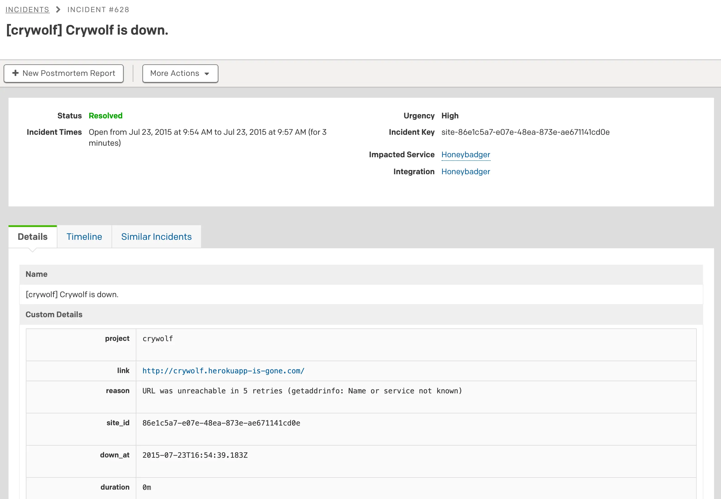 PagerDuty incident created by Honeybadger