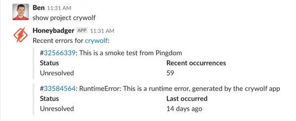 Honeybadger bot showing project errors in Slack