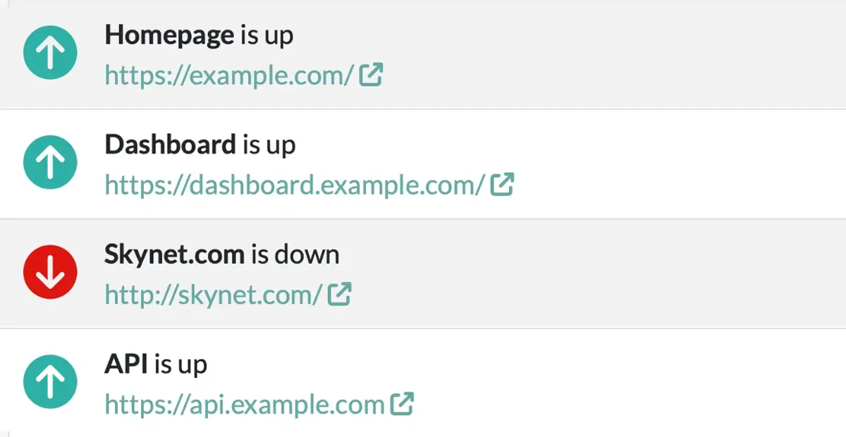 A screenshot of a list of uptime checks in Honeybadger's Ruby uptime monitoring interface.