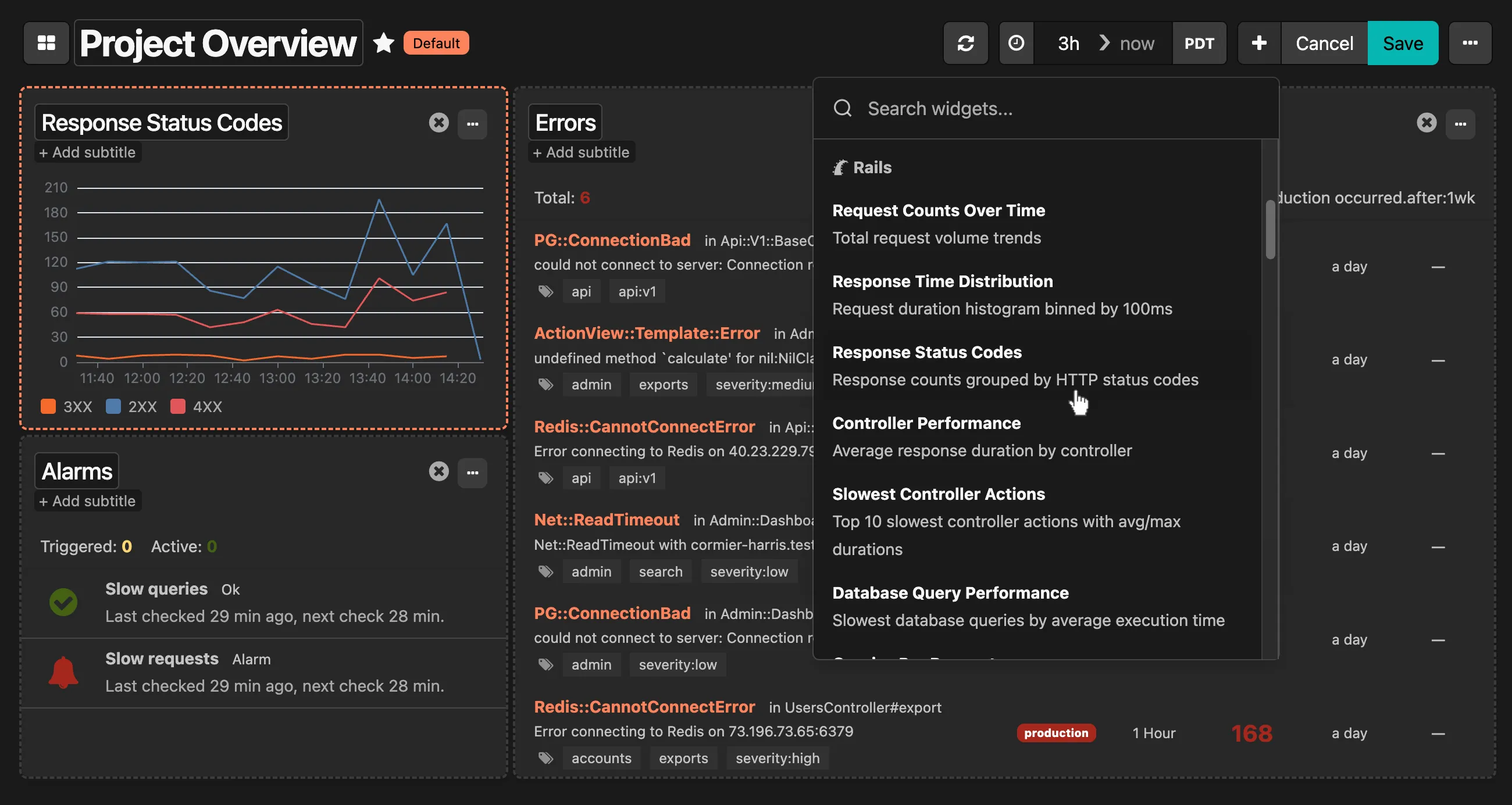 Widget library interface showing a variety of pre-built dashboard components including charts, metrics, tables, and monitoring widgets that can be drag-and-dropped to customize dashboards