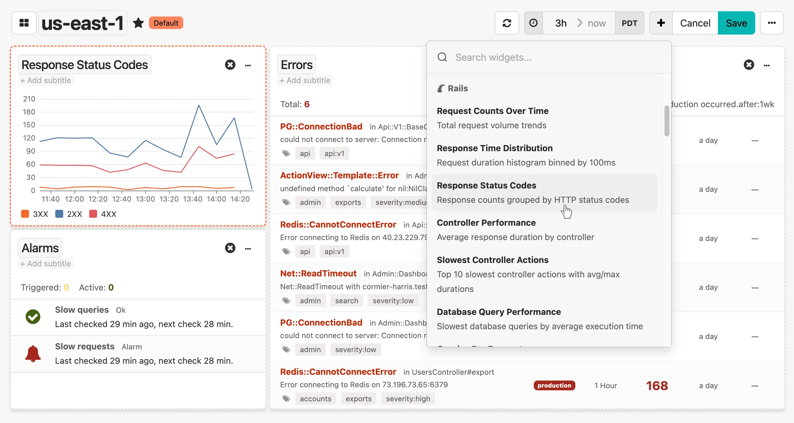 Widget library interface showing a variety of pre-built dashboard components including charts, metrics, tables, and monitoring widgets that can be drag-and-dropped to customize dashboards